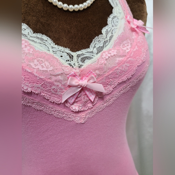 ♡ Y2K ♡ Hollister Baby Pink Lace Cami Satin Bow Coquette Tank Top - Picture 9 of 11